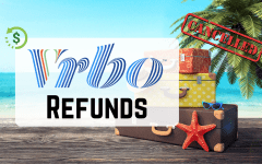 Vrbo refunds on a beach background with suitcases